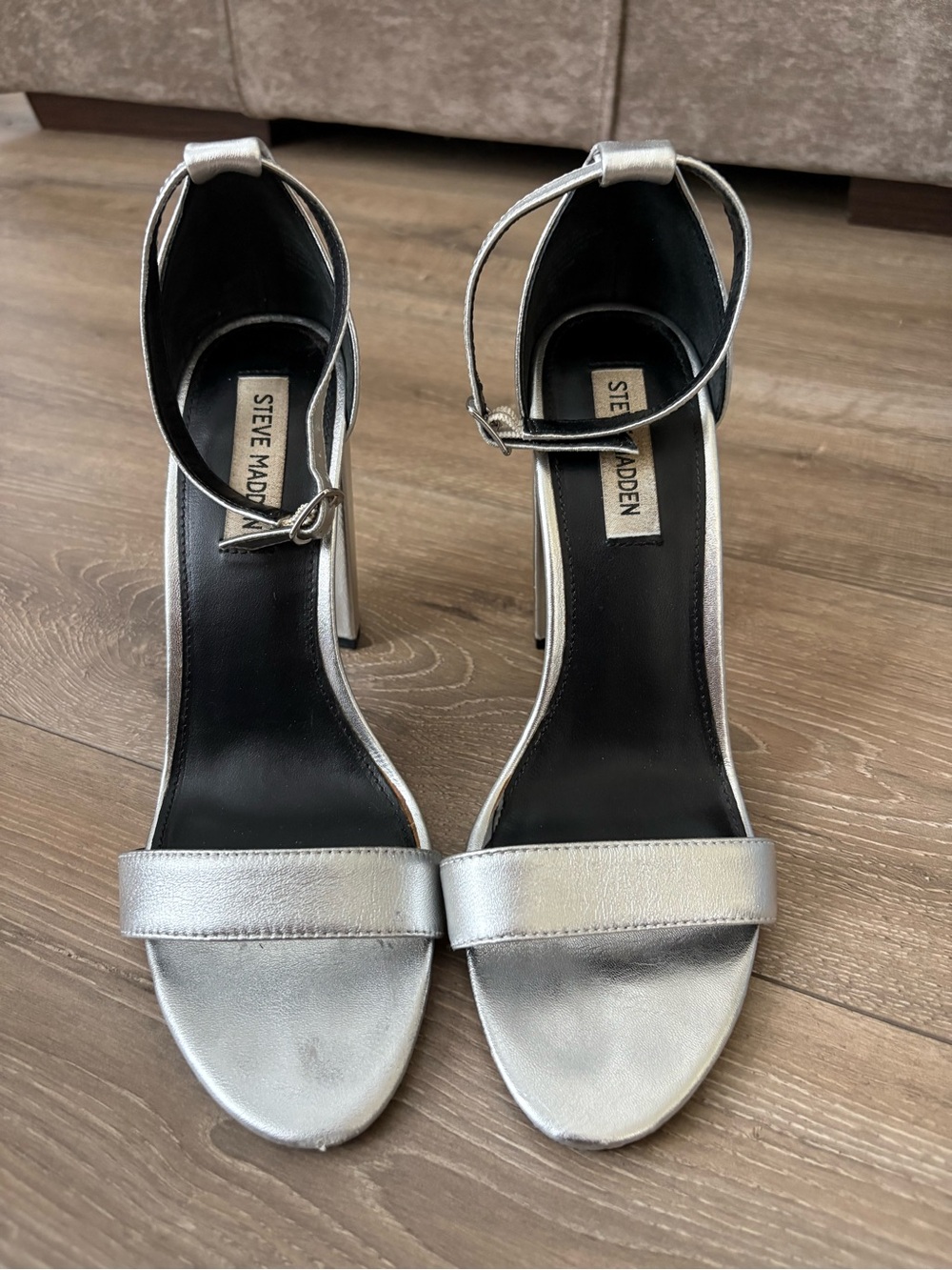Steve Madden Metallic Silver Ankle-Strap Block Heels